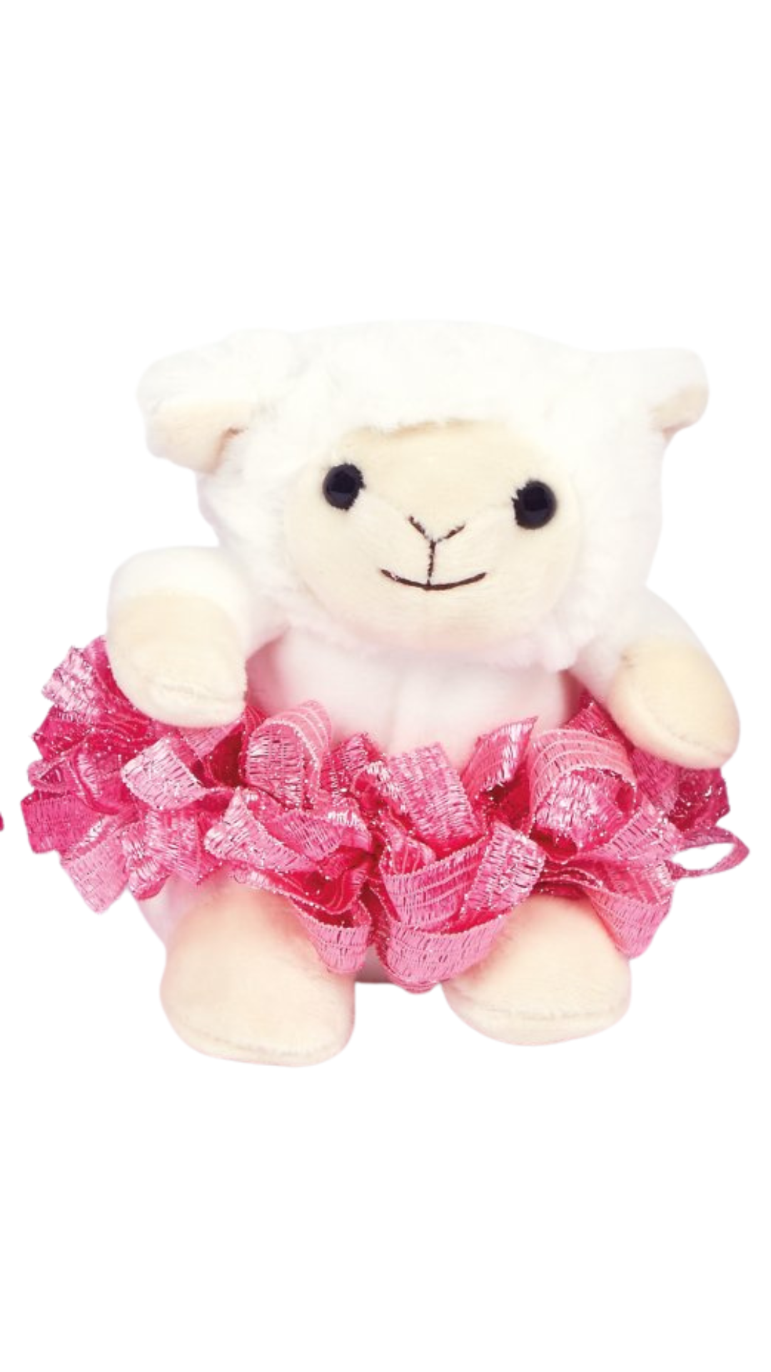 Palm-sized bean-weighted lamb plush with soft fabric, tutu twister, and scrunchie accents