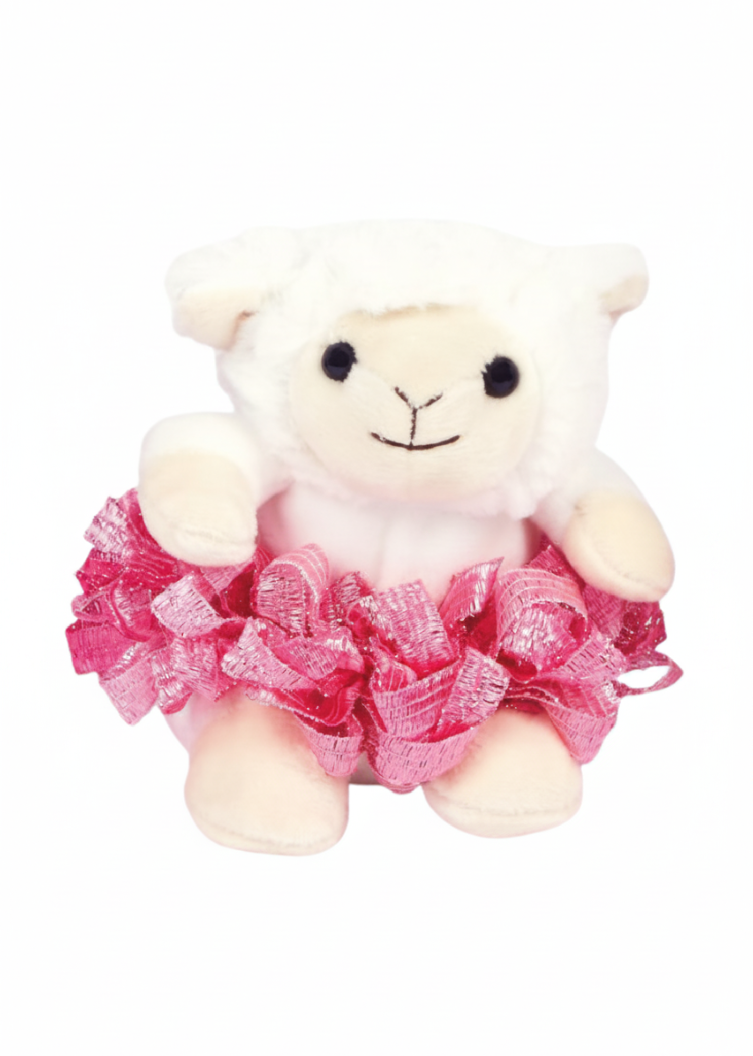 Palm-sized bean-weighted lamb plush with soft fabric, tutu twister, and scrunchie accents