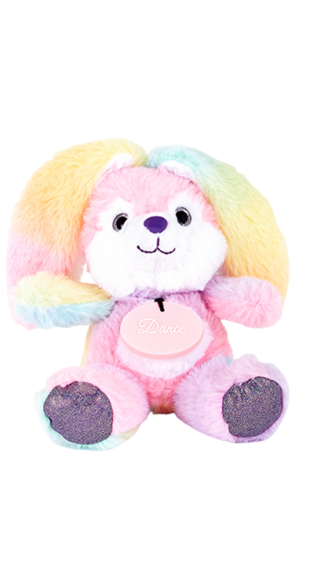 6-inch plush bunny with rainbow sherbet colors and “Dance” medallion