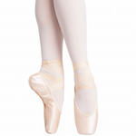 Bloch Satin pointe shoe in Pink, medial side and front view showing wide platform and full sole construction