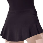 Capezio Curved Pull On Skirt in Black, back view showing polyester fabric, flared hem and pull-on waistband
