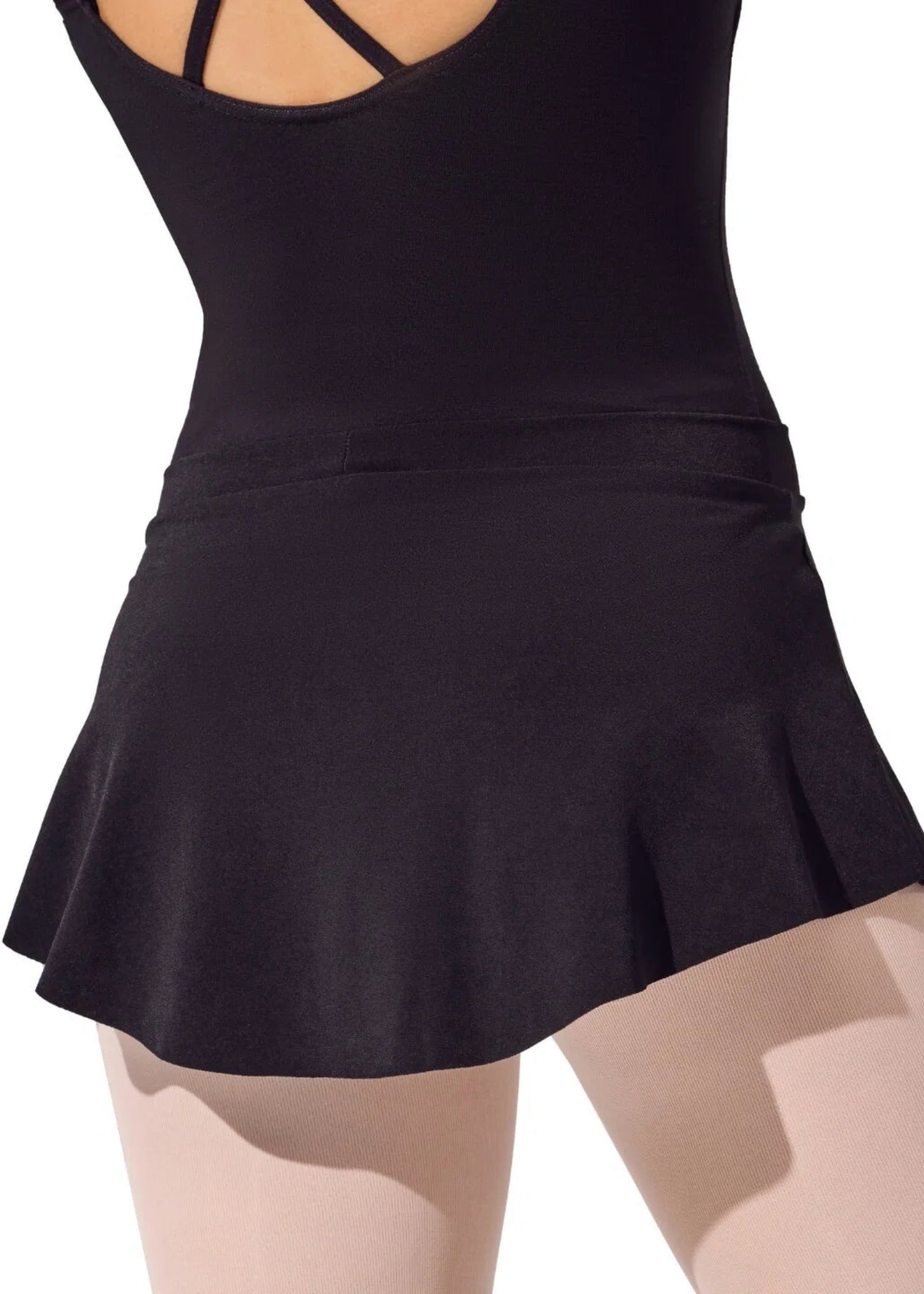 Capezio Curved Pull On Skirt in Black, back view showing polyester fabric, flared hem and pull-on waistband