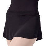 Capezio Curved Pull On Skirt in Black, front view showing polyester fabric, smooth waistband and curved hem