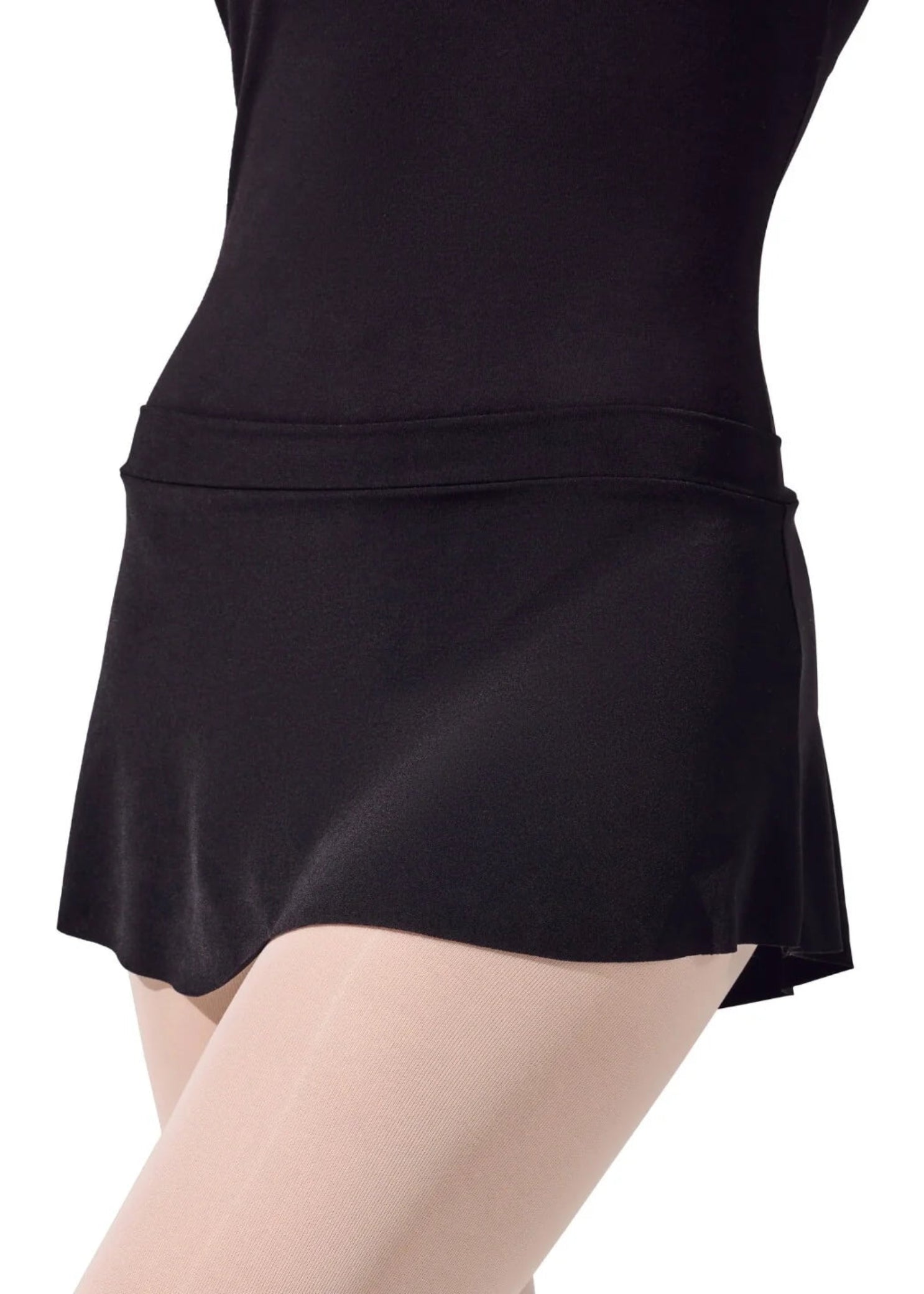 Capezio Curved Pull On Skirt in Black, front view showing polyester fabric, smooth waistband and curved hem
