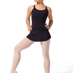 Capezio Curved Pull On Skirt in Black, lifestyle view showing polyester fabric, smooth waistband and curved hem