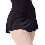 Capezio Curved Pull On Skirt in Black, side view showing polyester fabric, side seam and curved hem