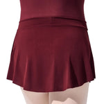 Capezio Curved Pull On Skirt in Burgundy, back view showing polyester fabric, flared hem and smooth waistband