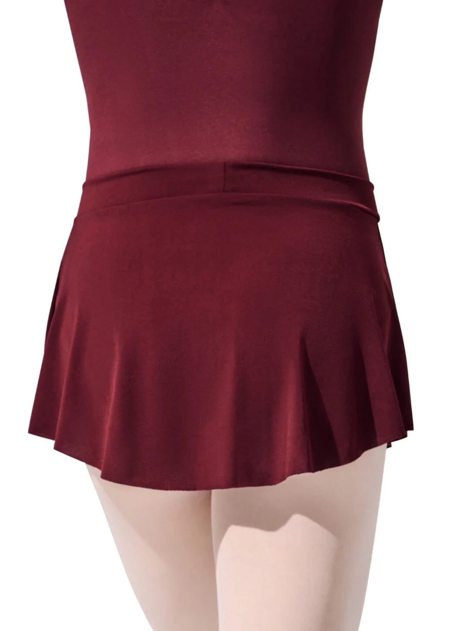 Capezio Curved Pull On Skirt in Burgundy, back view showing polyester fabric, flared hem and smooth waistband