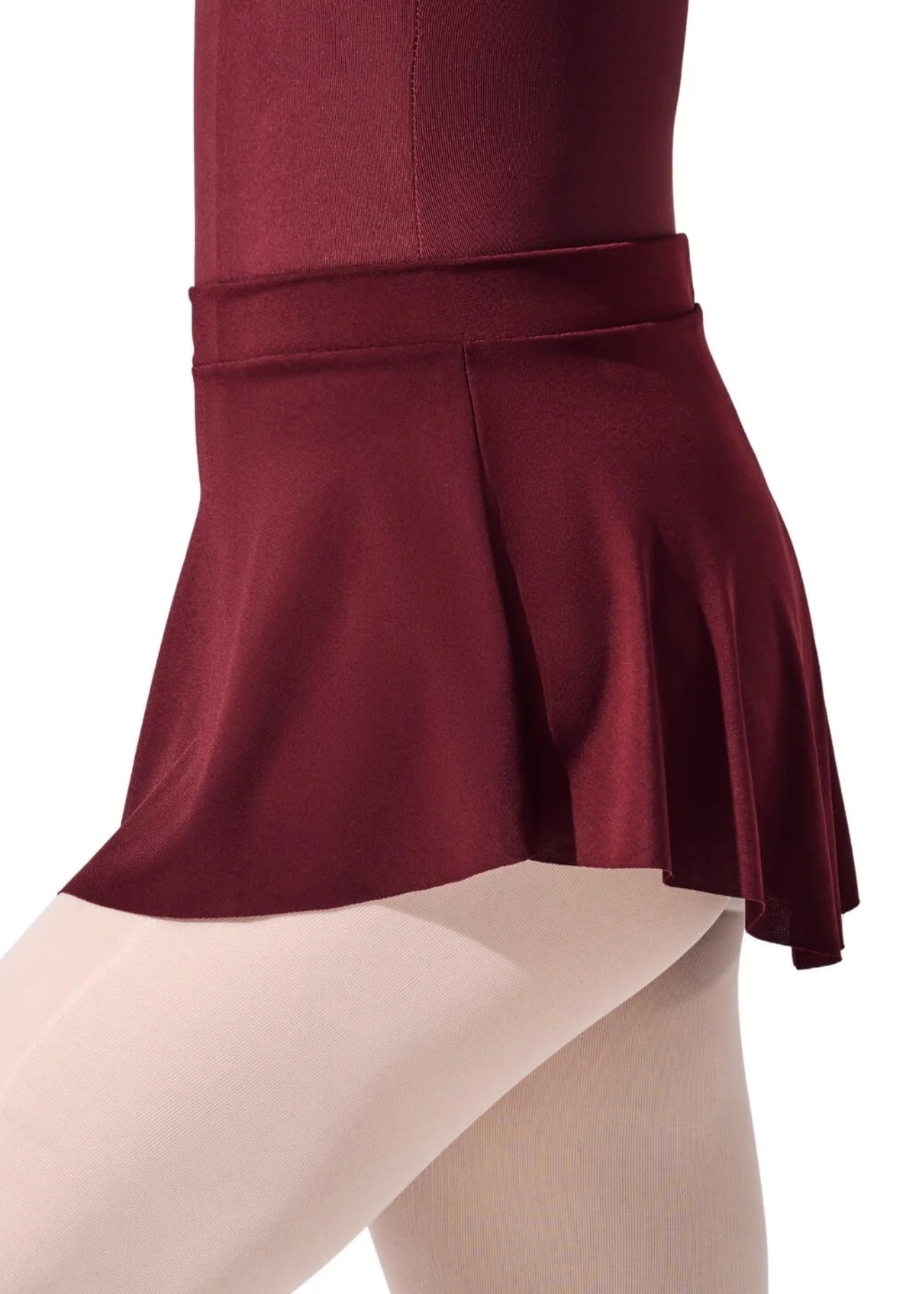 Capezio Curved Pull On Skirt in Burgundy, side view showing polyester fabric, side seam and curved hem