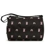 Horizon Designs Daisy Duffel in Black, front view showing ballet and tap shoe print and silver zip closure