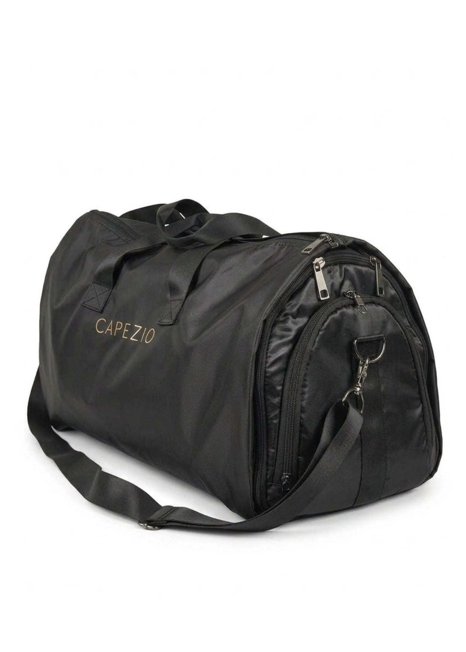 Capezio Dance Garment Duffle in Black, angled side view showing polyester exterior, gold logo lettering, and top handles