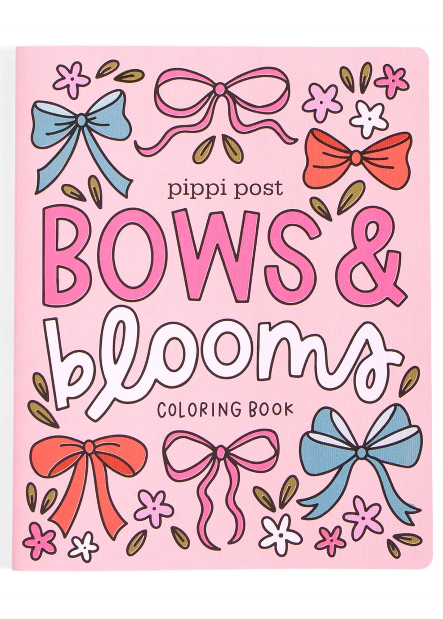 Pippi Post Dance Coloring Books in Bows & Blooms, front view showing colorful bows and flowers on pink cover
