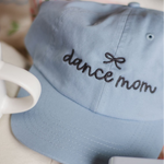 Pippi Post Cotton Twill Dance Mom Baseball Cap in Blue, close up view showing dance mom embroidery and twill texture
