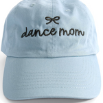 Pippi Post Cotton Twill Dance Mom Baseball Cap in Blue, front view showing embroidered dance mom lettering and bow