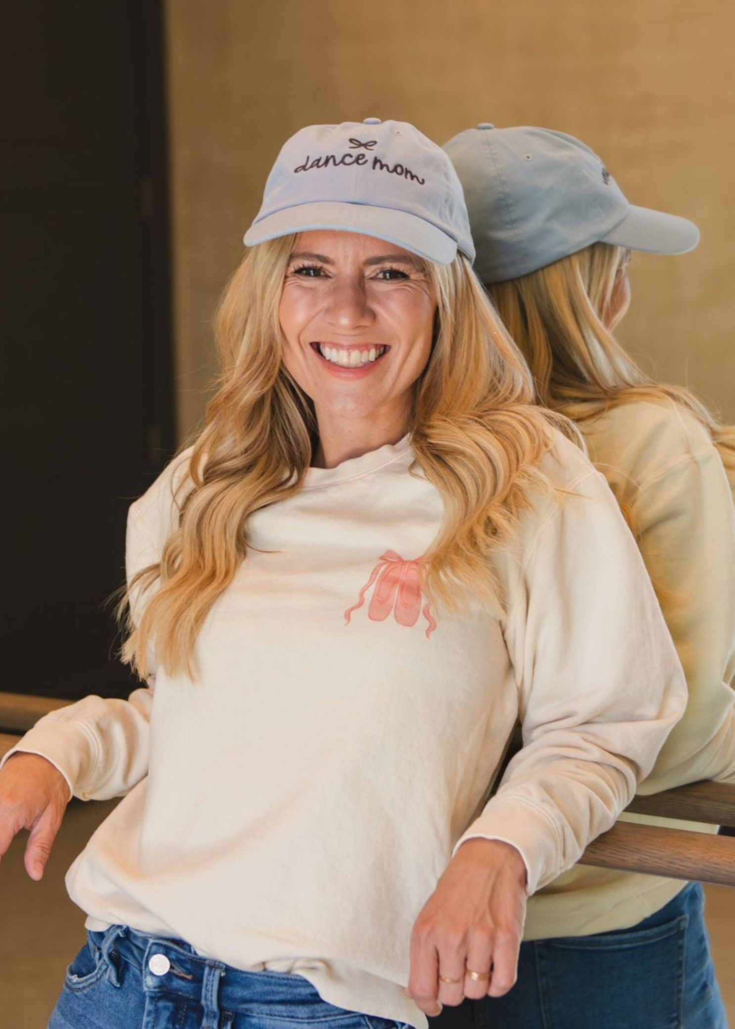 Pippi Post Cotton Twill Dance Mom Baseball Cap in Blue, lifestyle view showing embroidered lettering and curved brim