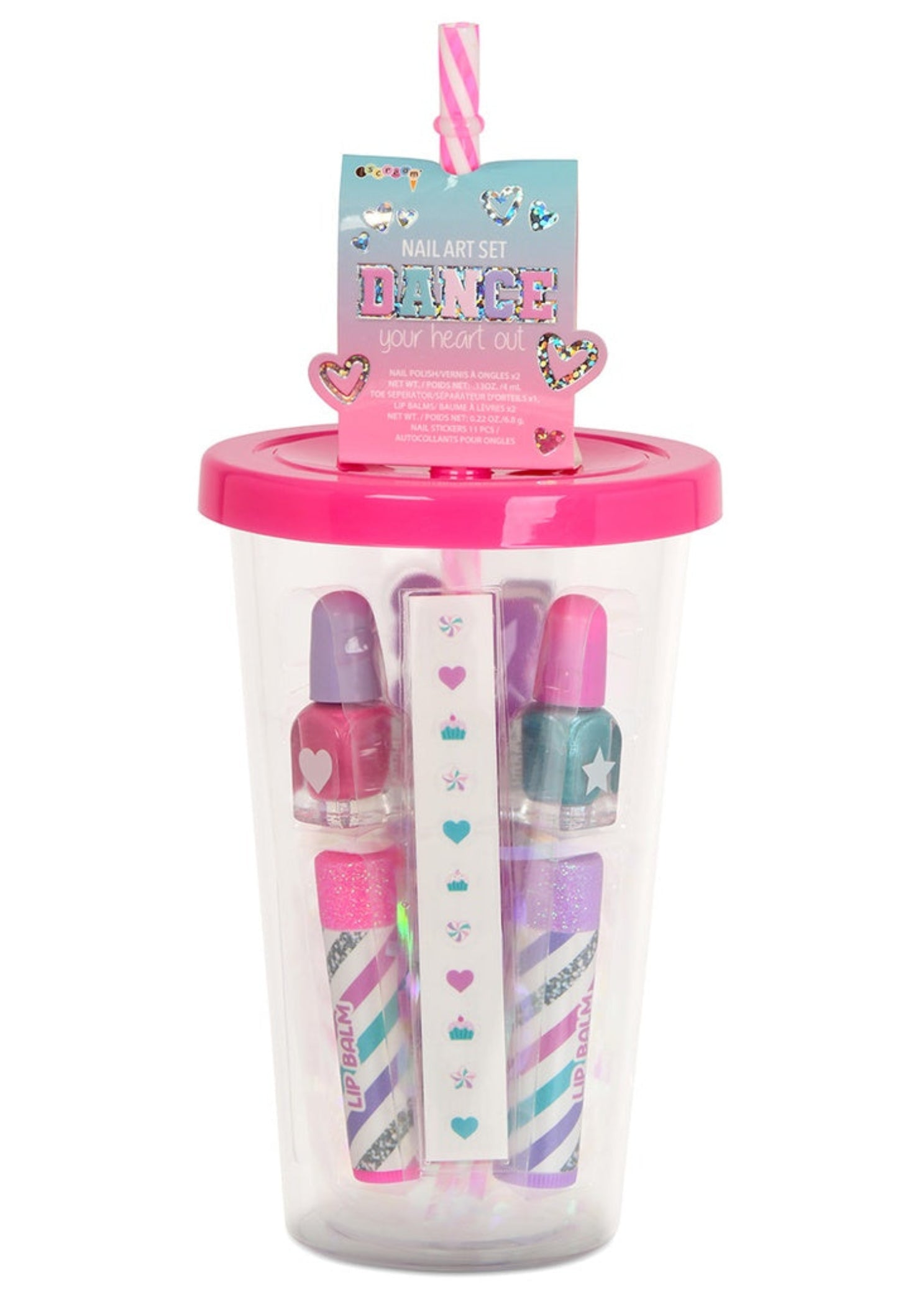 Iscream Dance Your Heart Out Beauty Set in Multicolor, back view showing nail polishes, lip balms and nail file