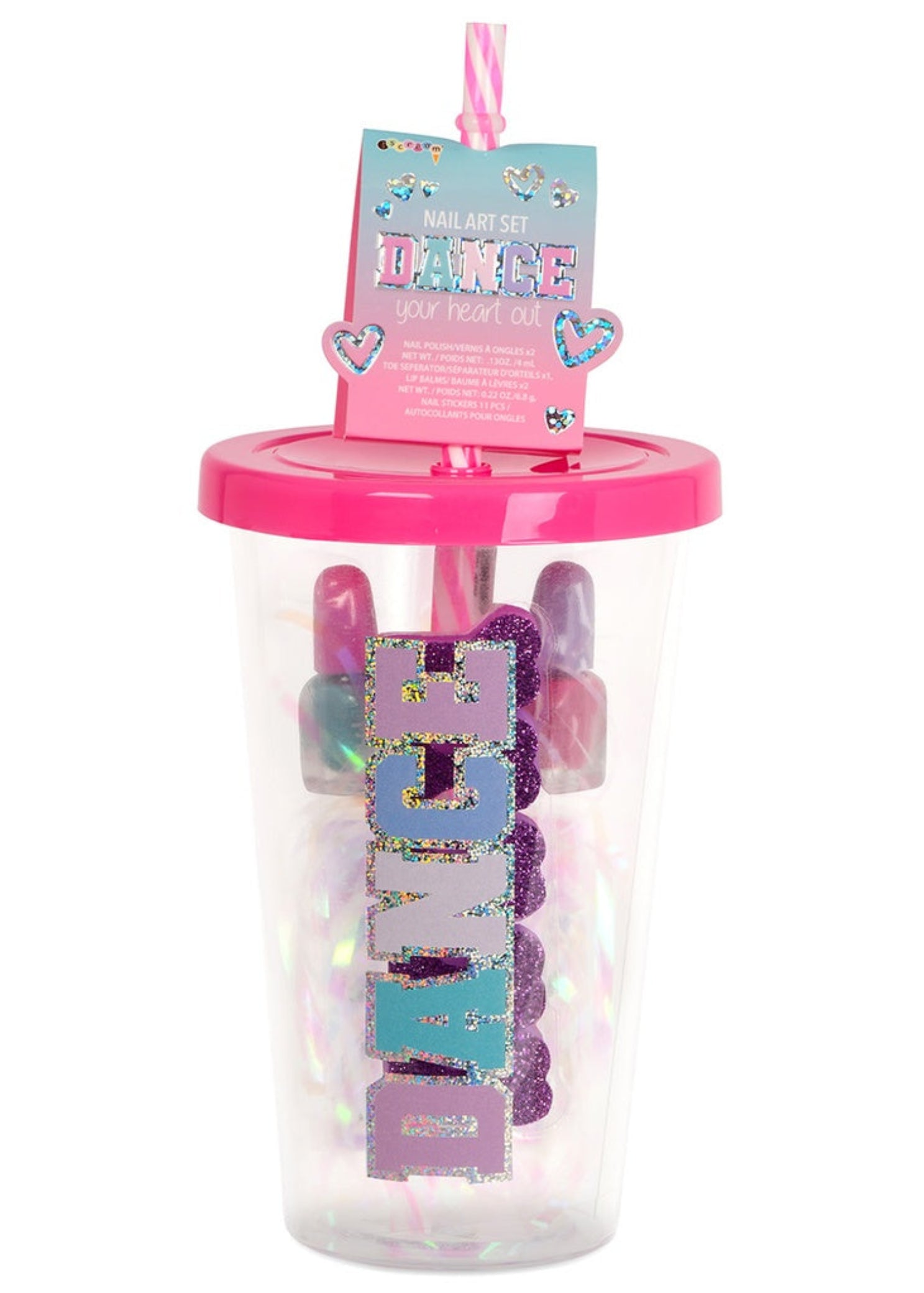 Iscream Dance Your Heart Out Beauty Set in Multicolor, front view showing reusable cup with DANCE lettering and straw