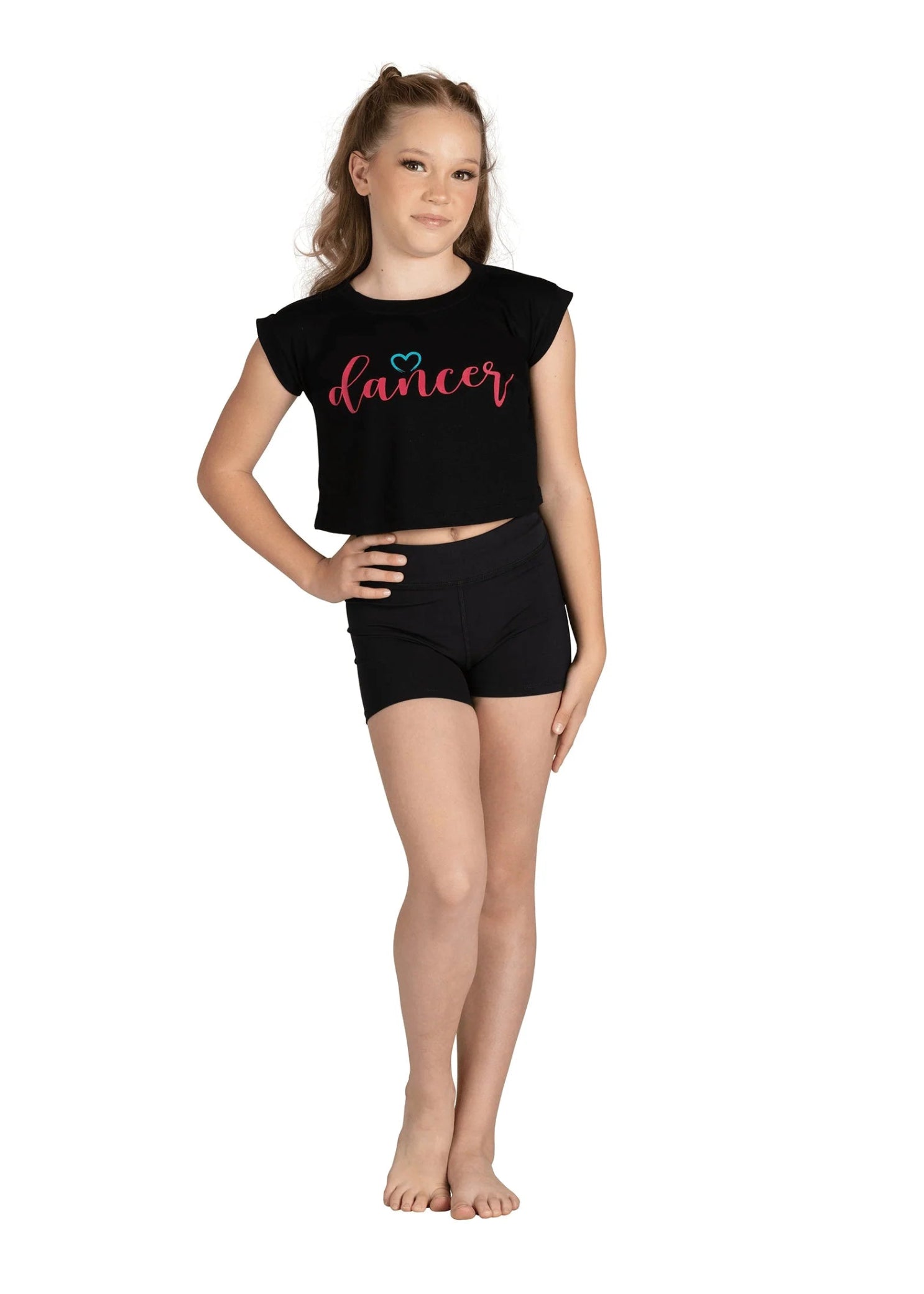 Danznmotion Polyester/Rayon Dancer Heart Tee in Black, front view showing dancer heart print and cropped hem