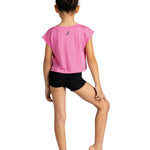 Danznmotion Polyester/Rayon Dancer Heart Tee in Bright Pink, back view showing cropped hem and small logo