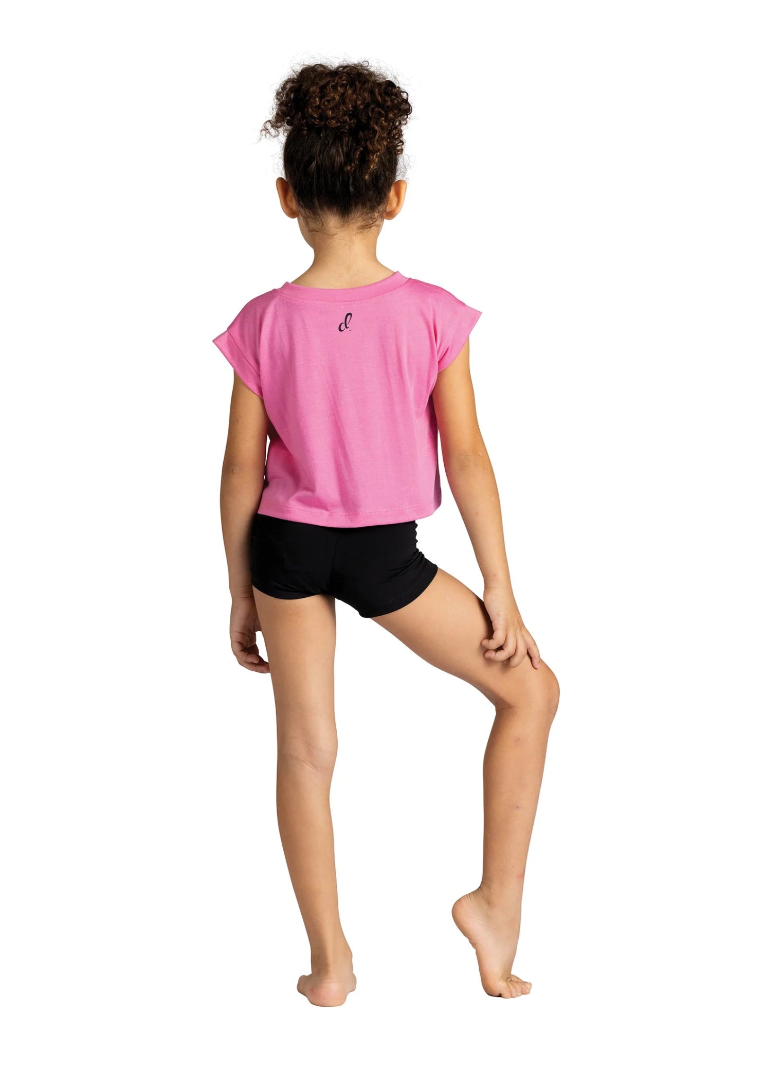 Danznmotion Polyester/Rayon Dancer Heart Tee in Bright Pink, back view showing cropped hem and small logo