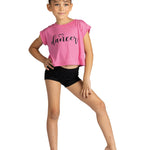 Danznmotion Polyester/Rayon Dancer Heart Tee in Bright Pink, front view showing dancer heart print and cropped hem