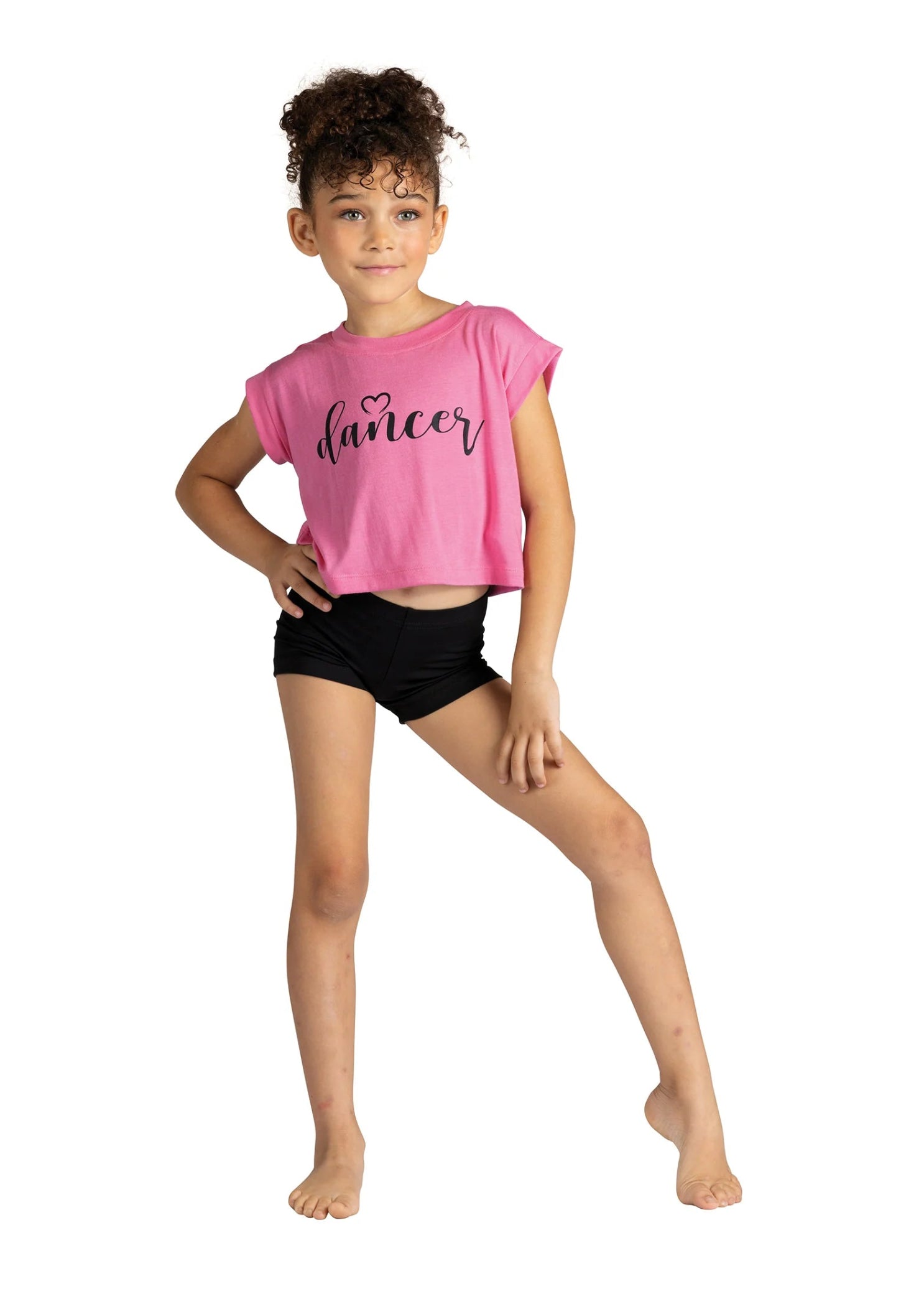 Danznmotion Polyester/Rayon Dancer Heart Tee in Bright Pink, front view showing dancer heart print and cropped hem