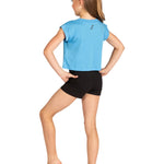 Danznmotion Polyester/Rayon Dancer Heart Tee in Turquoise, back view showing cropped hem and small logo