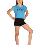 Danznmotion Polyester/Rayon Dancer Heart Tee in Turquoise, front view showing dancer heart print and cropped hem