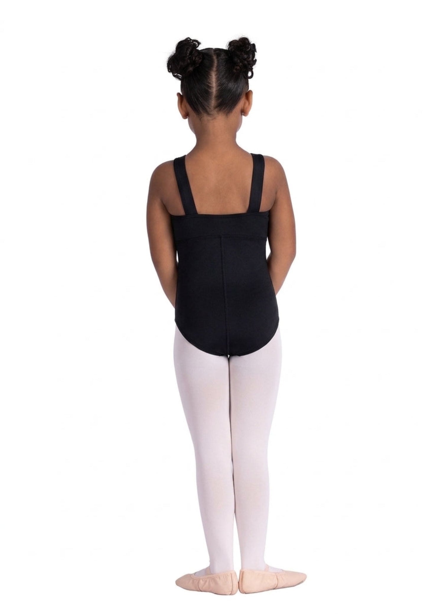 Danznmotion Floral Cutout Leotard in Black, back view showing wide tank straps and straight back neckline
