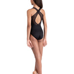 Danznmotion Halter Leotard in Black, back view showing overlapping mesh and teardrop cutout