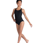 Danznmotion Halter Leotard in Black, front view showing halter neckline and princess seams