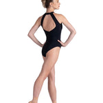 Danznmotion Halter Seamed Leotard in Black, back view showing large keyhole cutout and neck closure