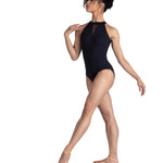Danznmotion Halter Seamed Leotard in Black, front view showing V-shaped corset seams and mesh neckline insert