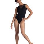 Danznmotion Lydia Tank Leotard in Black, front view showing ballet neckline and mesh sweetheart yoke