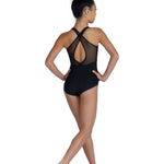 Danznmotion Marilyn Halter Leotard in Black, back view showing crossed straps and sheer mesh panels