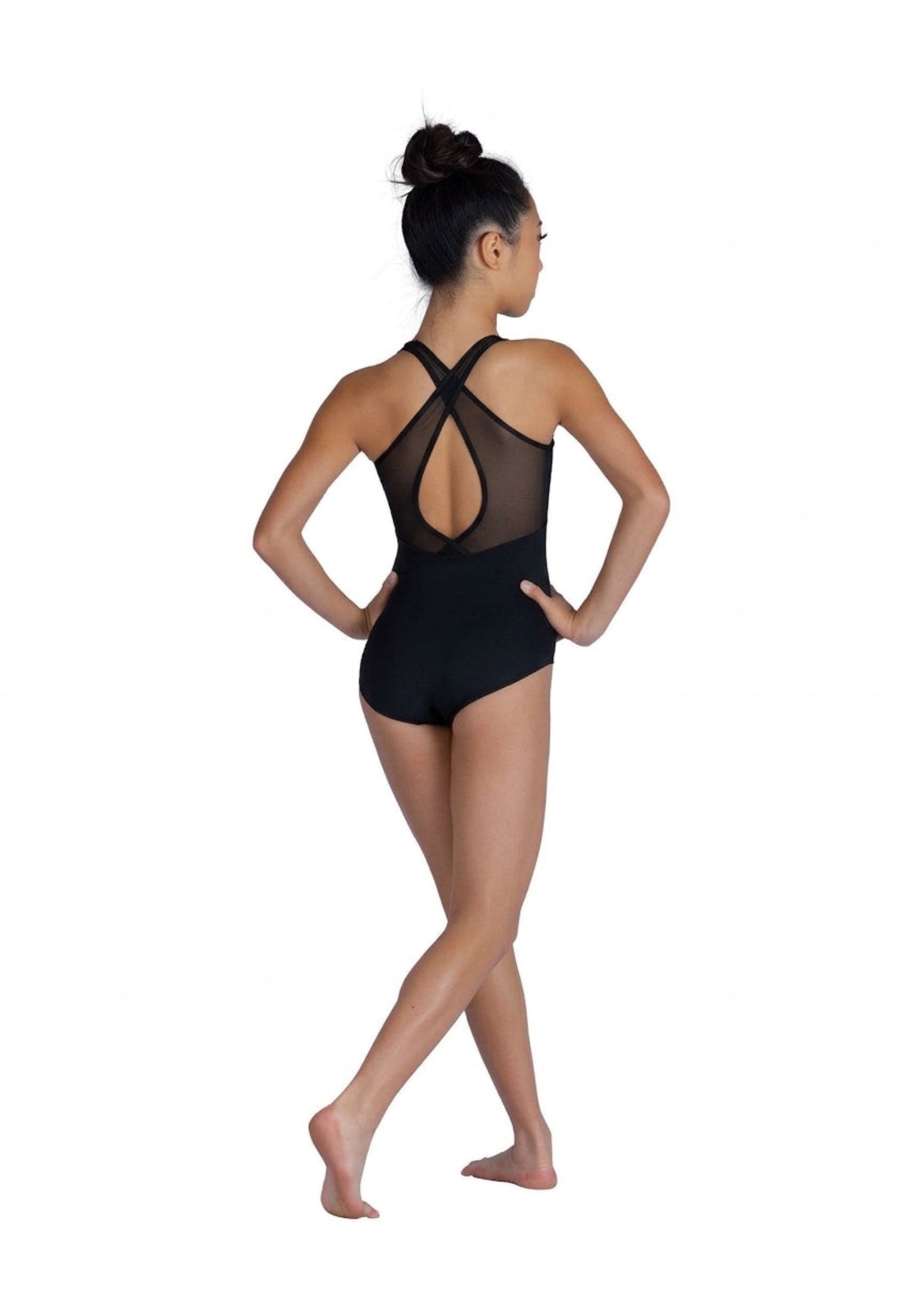 Danznmotion Marilyn Halter Leotard in Black, back view showing crossed straps and sheer mesh panels