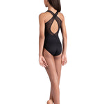 Danznmotion Marilyn Halter Leotard in Black, back view showing overlapping mesh and teardrop cutout