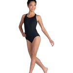 Danznmotion Marilyn Halter Leotard in Black, front view showing halter neckline and princess seams