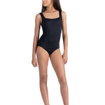 Danznmotion Tank Leotard in Black, front view showing square neckline and wide tank straps