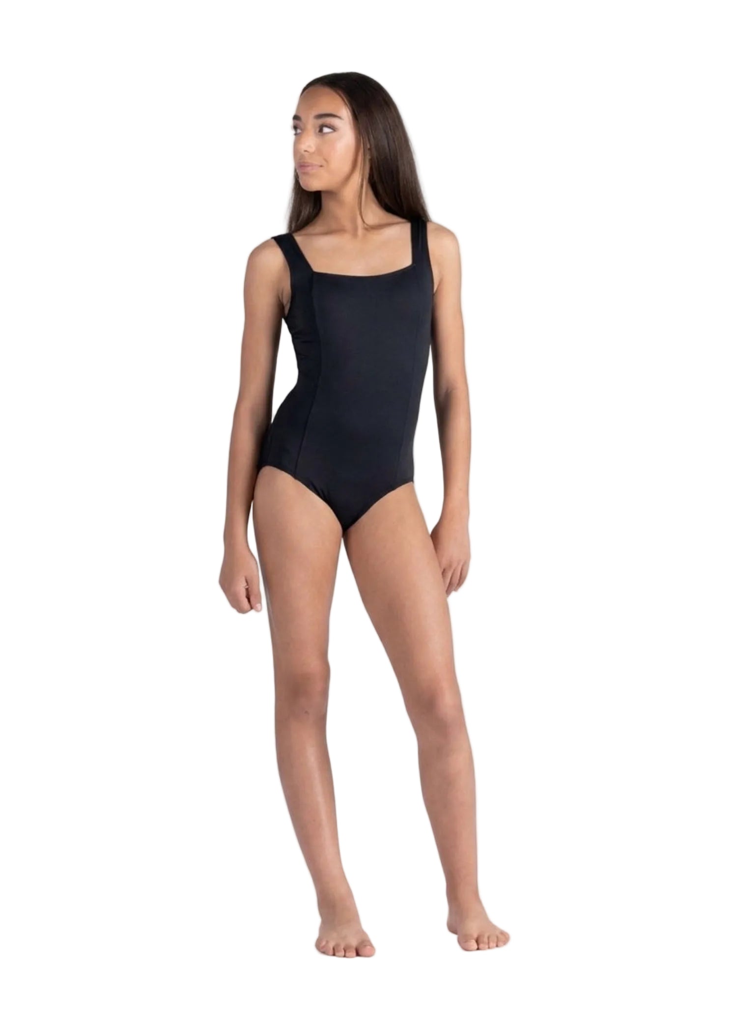 Danznmotion Tank Leotard in Black, front view showing square neckline and wide tank straps