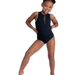 Danznmotion Veyra Tank Leotard in Black, front view showing tank silhouette and mesh V-front insert