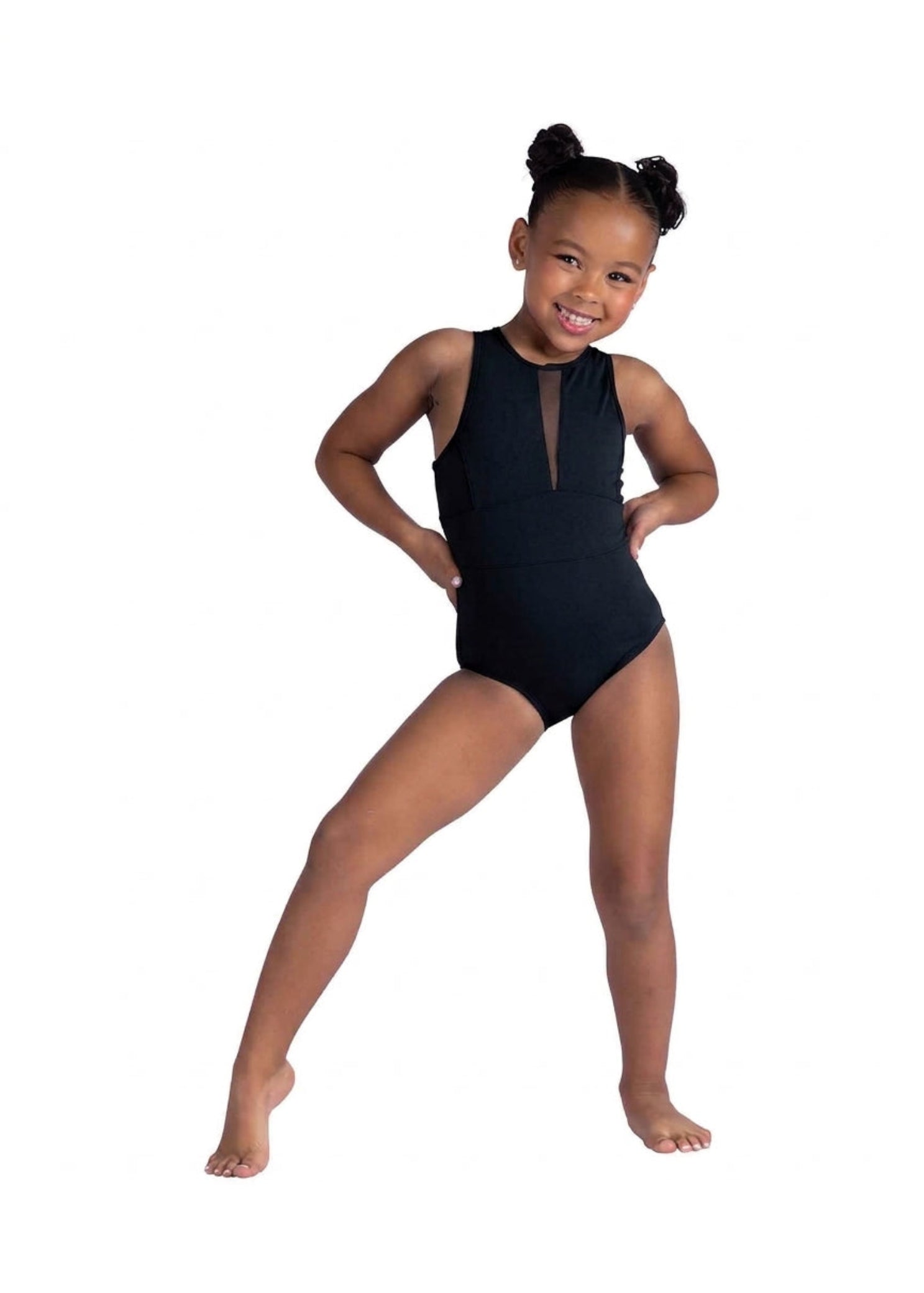 Danznmotion Veyra Tank Leotard in Black, front view showing tank silhouette and mesh V-front insert
