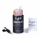 Suffolk Darning Sewing Kit in Pink, front view showing cotton thread, two needles, mini cutter and thimble