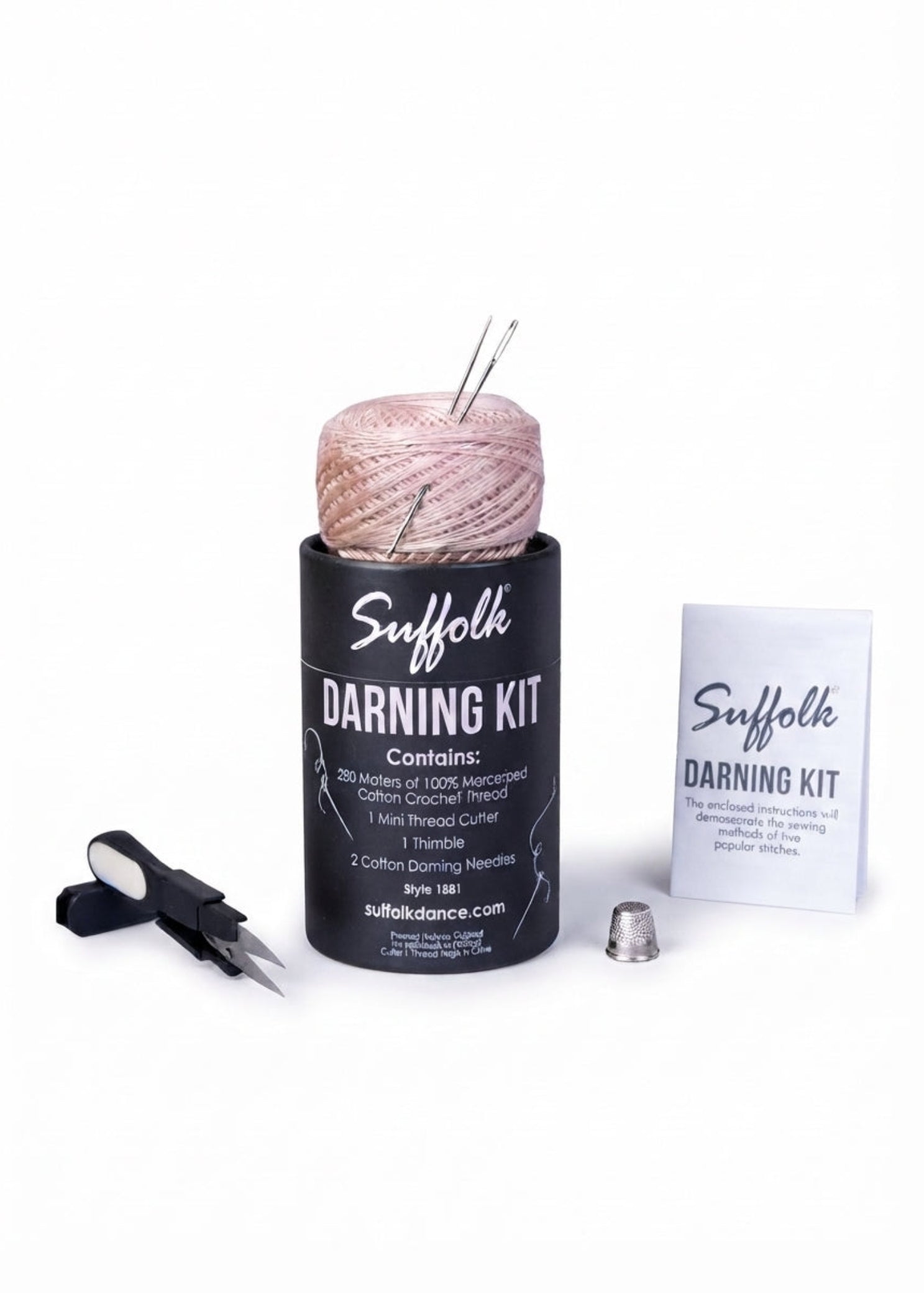 Suffolk Darning Sewing Kit in Pink, front view showing cotton thread, two needles, mini cutter and thimble