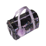 Danznmotion Dazzle Berry Duffel in Deep Purple, top view showing iridescent flip sequins and lavender handles