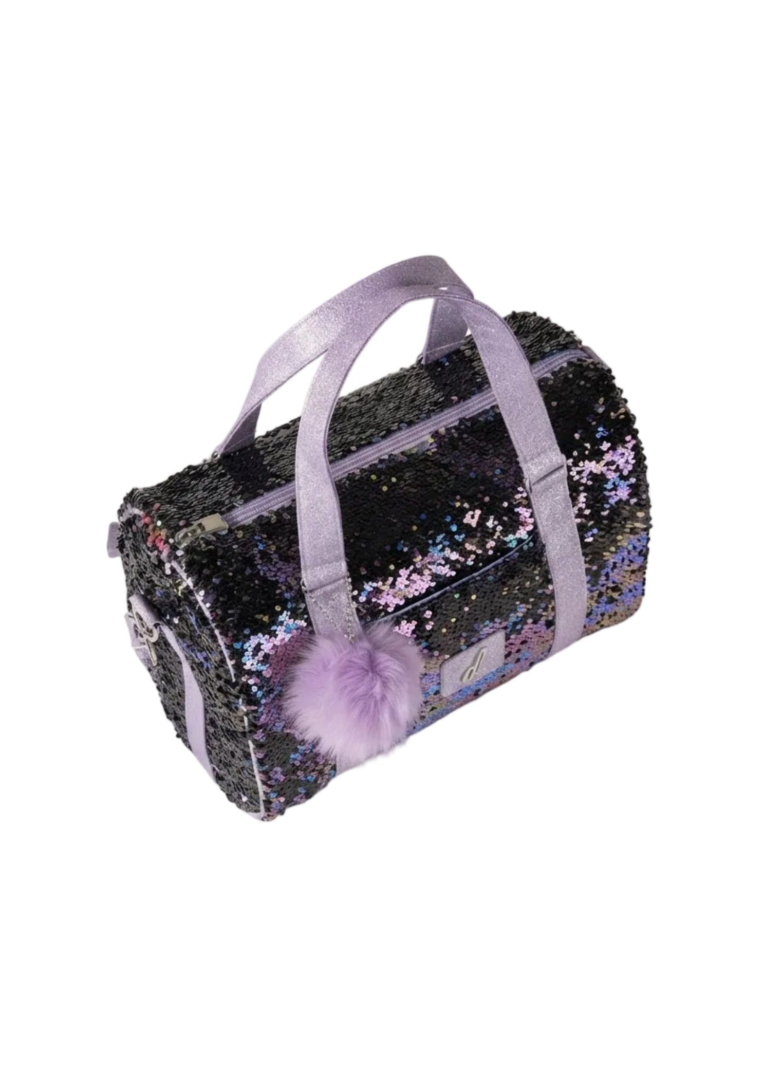 Danznmotion Dazzle Berry Duffel in Deep Purple, top view showing iridescent flip sequins and lavender handles
