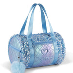 Danznmotion Dazzling Sequin Duffel in Blue, angled front view showing sequin exterior and quilted dance embroidery