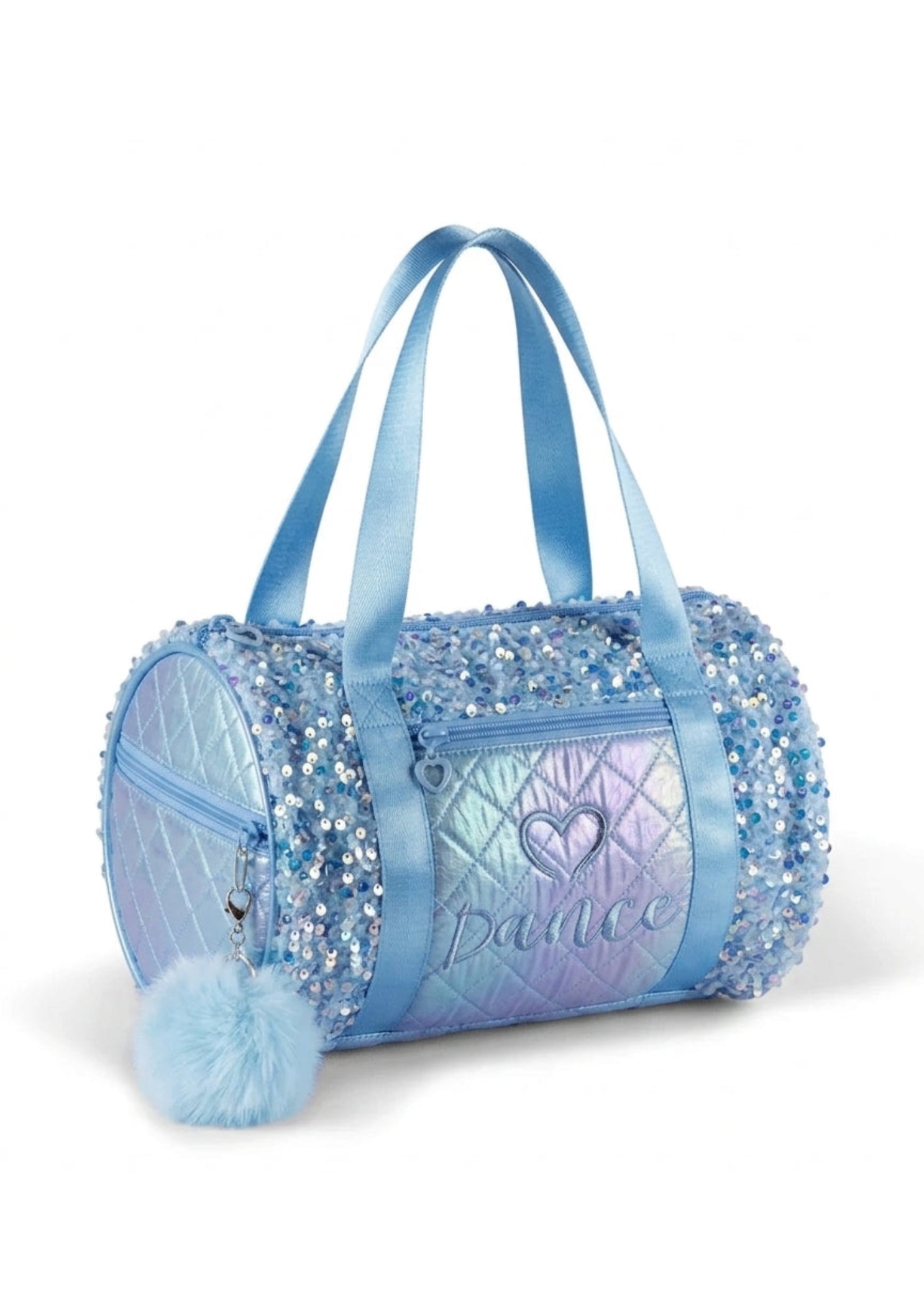 Danznmotion Dazzling Sequin Duffel in Blue, angled front view showing sequin exterior and quilted dance embroidery
