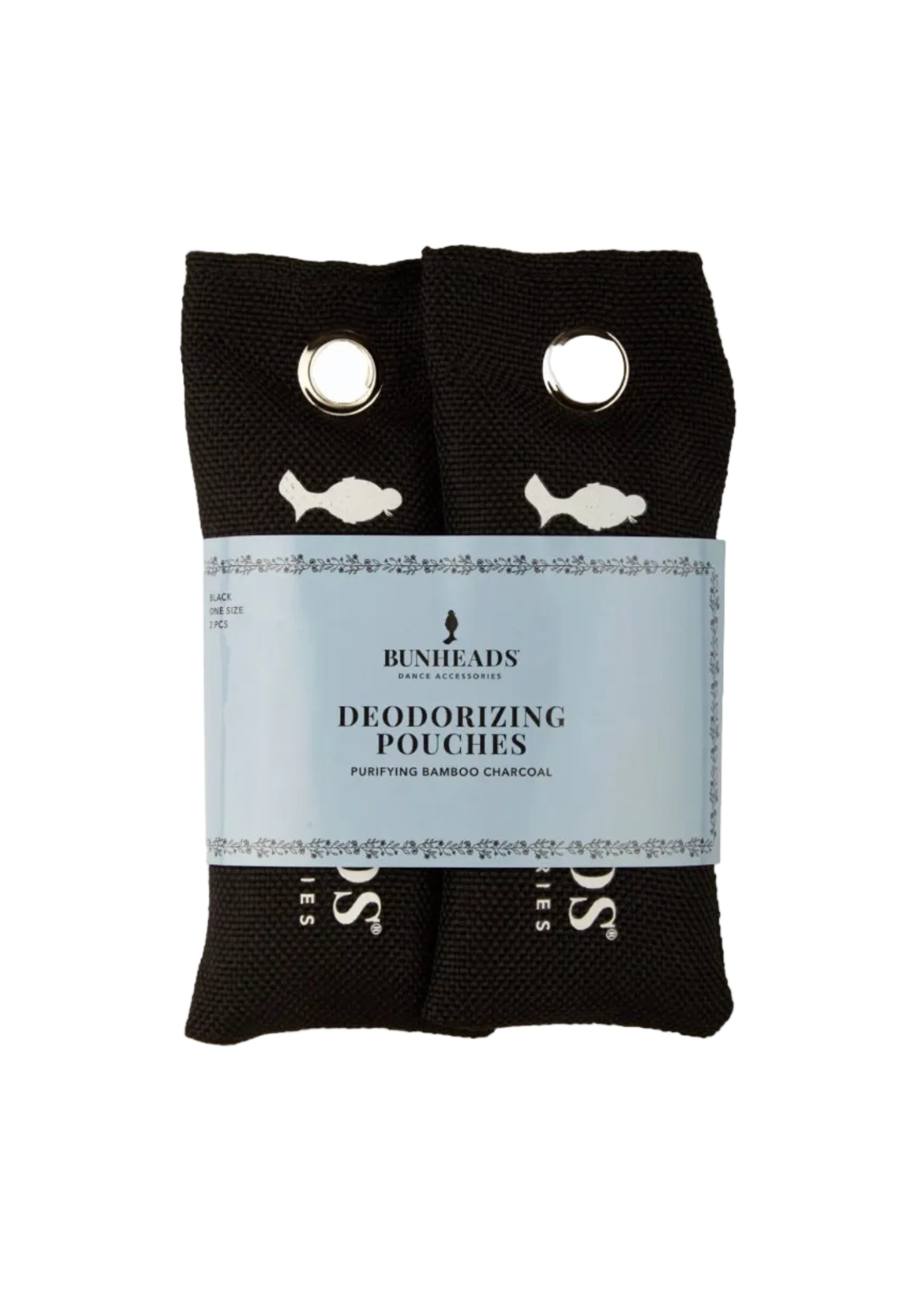 Capezio Cotton Deodorizing Pouch in Black, packaging front view showing two pouches with labeled paper sleeve