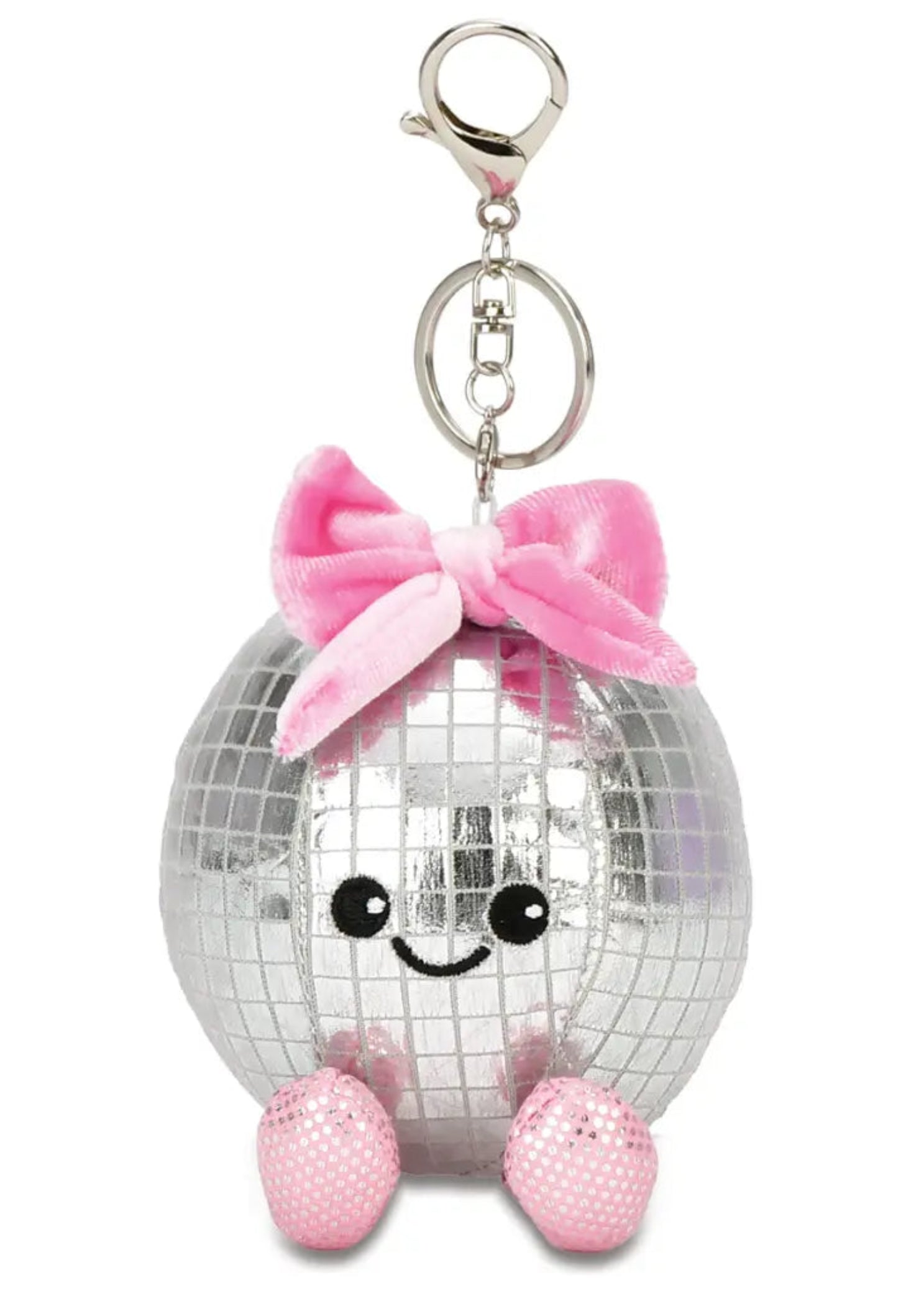 Iscream Polyester Disco Ball Bag Charm in Pink, front view showing embroidered smile and plush bow